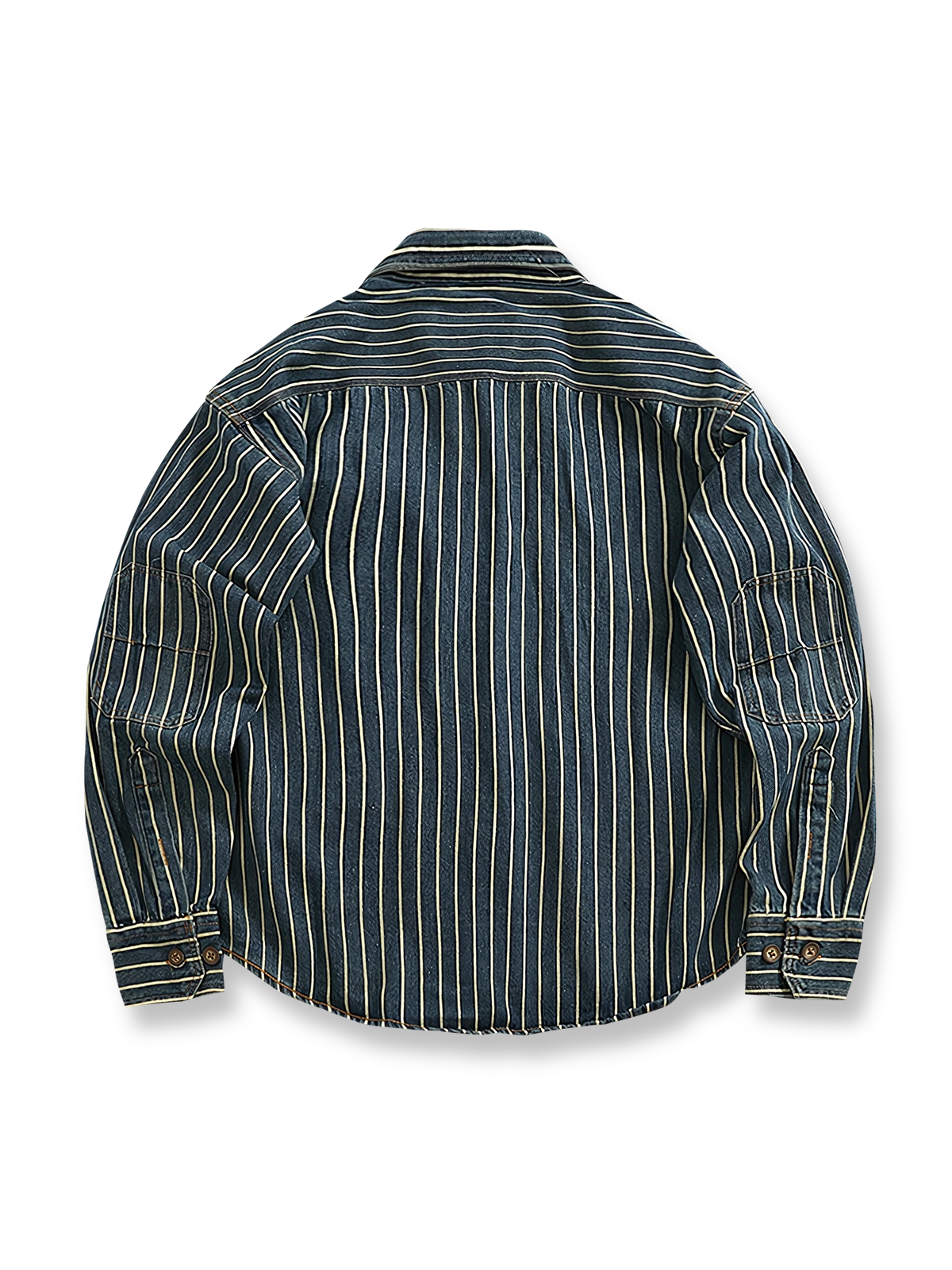 製品画像: ヘビーストライプデニムワークシャツの正面展示
詳細画像: 肘のパッチとストライプのディテールクローズアップ
モデル画像