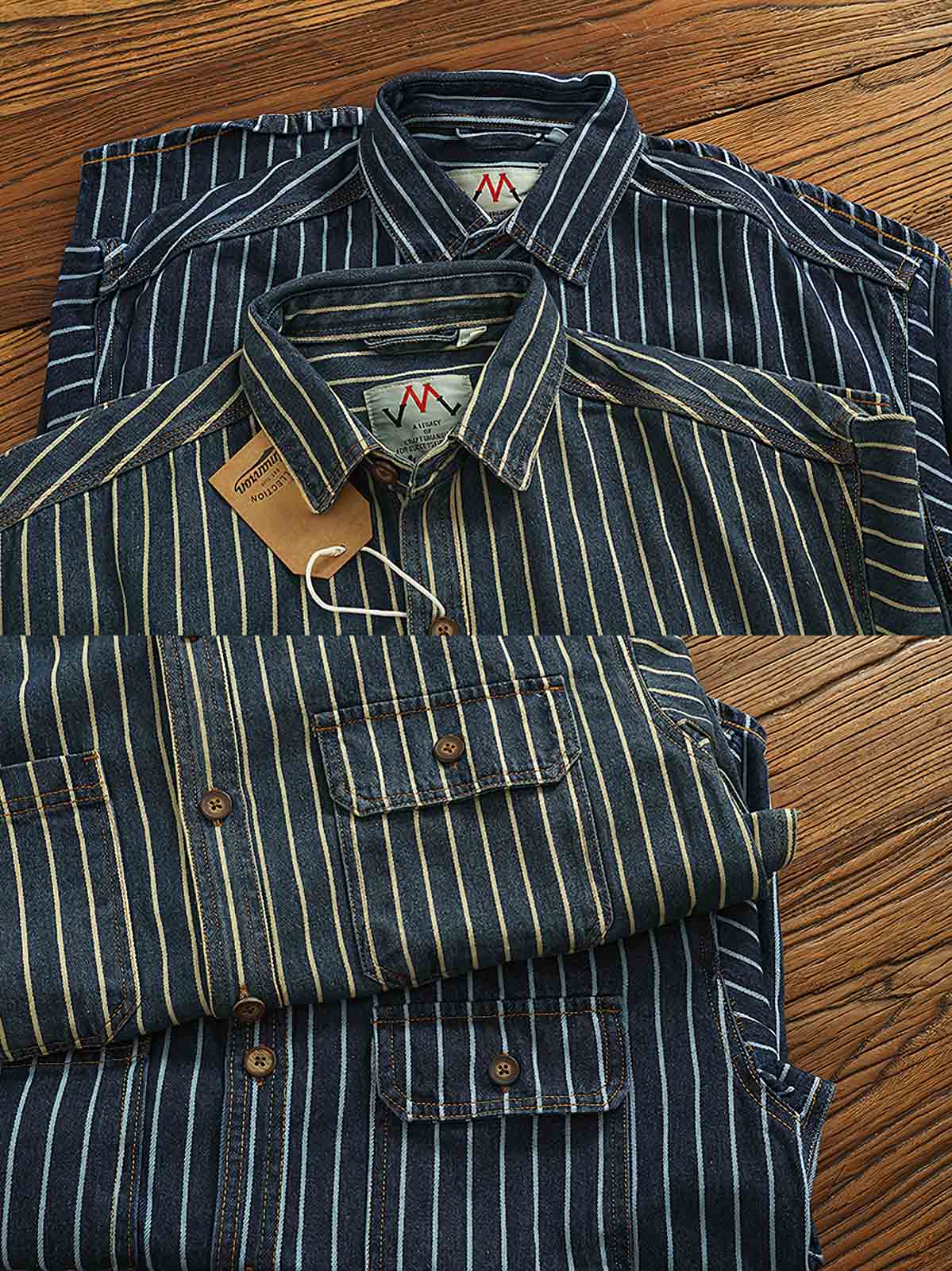 製品画像: ヘビーストライプデニムワークシャツの正面展示
詳細画像: 肘のパッチとストライプのディテールクローズアップ
モデル画像