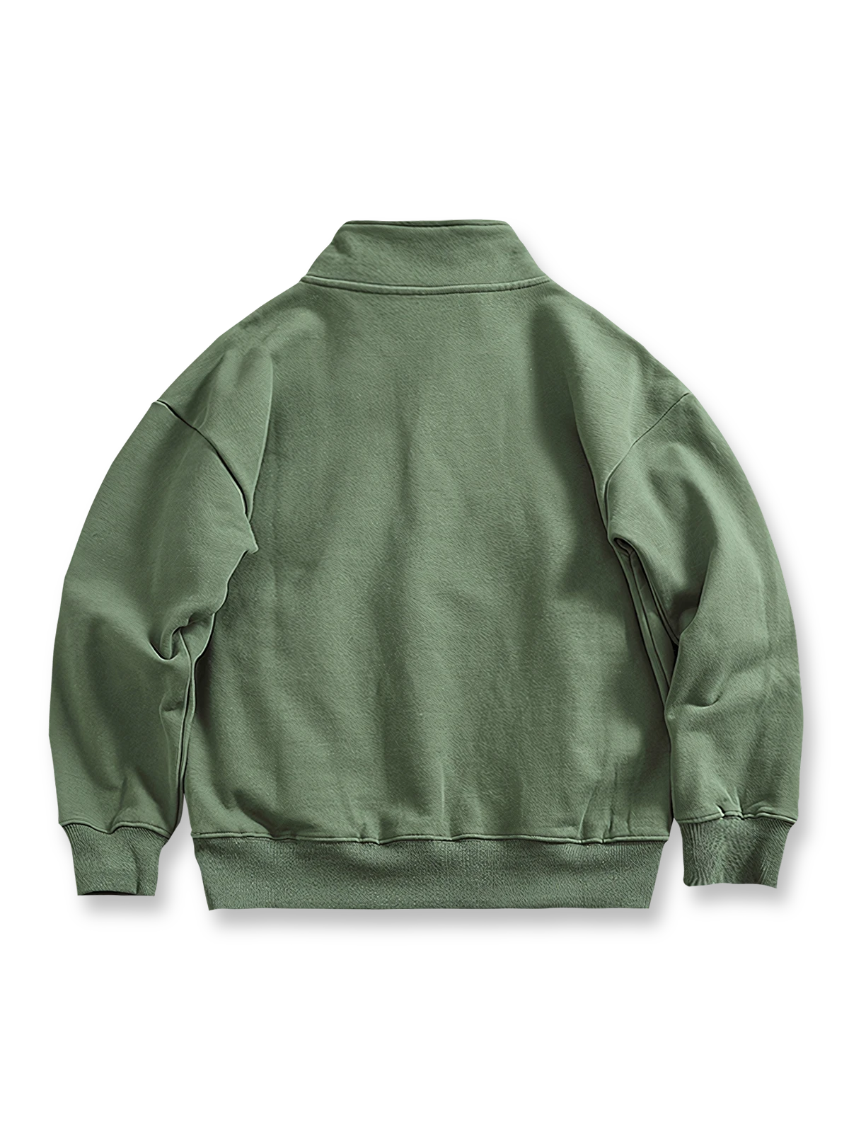 製品画像: グリーンの裏起毛ハーフジップスウェットの正面画像
詳細画像: 裏起毛のディテールと袖口、裾のリブディテール