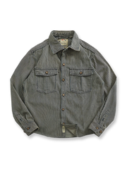 製品画像: ヘビーストライプデニムワークシャツジャケットの正面展示
詳細画像: ポケットとウォッシュ加工のディテール展示