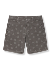 ドット加工コーデュロイショーツの正面図、手描きドットの加工デザインを展示