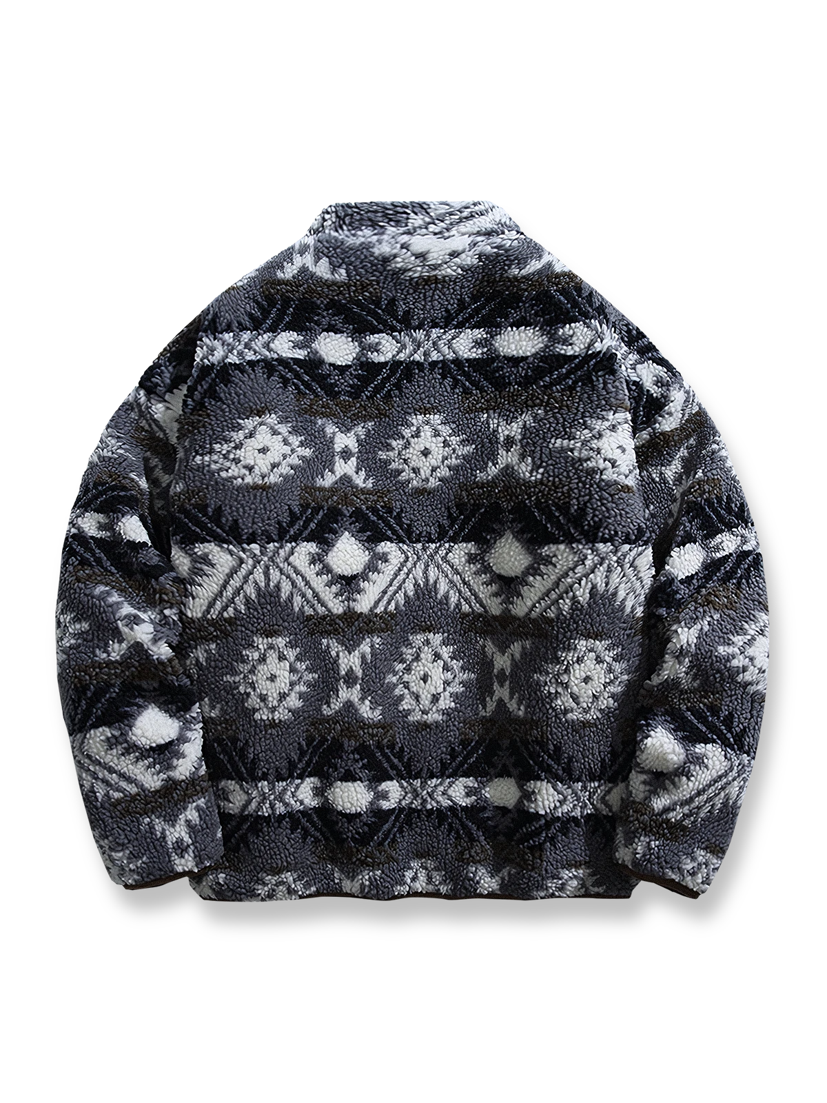 製品画像：
レトロなナバホ柄デザインとラムファー素材を使用した暖かい中綿ジャケット。スタンドカラーで寒さから守り、アウトドアシーンに最適。

詳細画像：
ナバホ柄が施されたラムファー中綿ジャケット、厚手で温かく、快適な着心地と高い防寒性能を誇ります。
