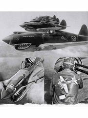 製品画像: フライングタイガース記念刺繍パイロットレザージャケットの全体画像、第10空軍ヴィンテージモデル
詳細画像: 前面と背面に施された「Kunming Joe’s Flying Tigers」刺繍のディテールでヴィンテージミリタリースタイルを表現