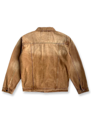 製品画像
「クラシックなデザインとヴィンテージ加工を施したデニムジャケット全体イメージ。自然な色褪せと風合いが特徴で、日常使いから通勤、アウトドアまで幅広く活躍する万能アイテム。」

詳細画像
「左右対称の胸ポケットや襟部分のヴィンテージ加工が施されたディテールのクローズアップ画像。コットン100%の素材感と自然な色褪せが引き立つデザイン。」
