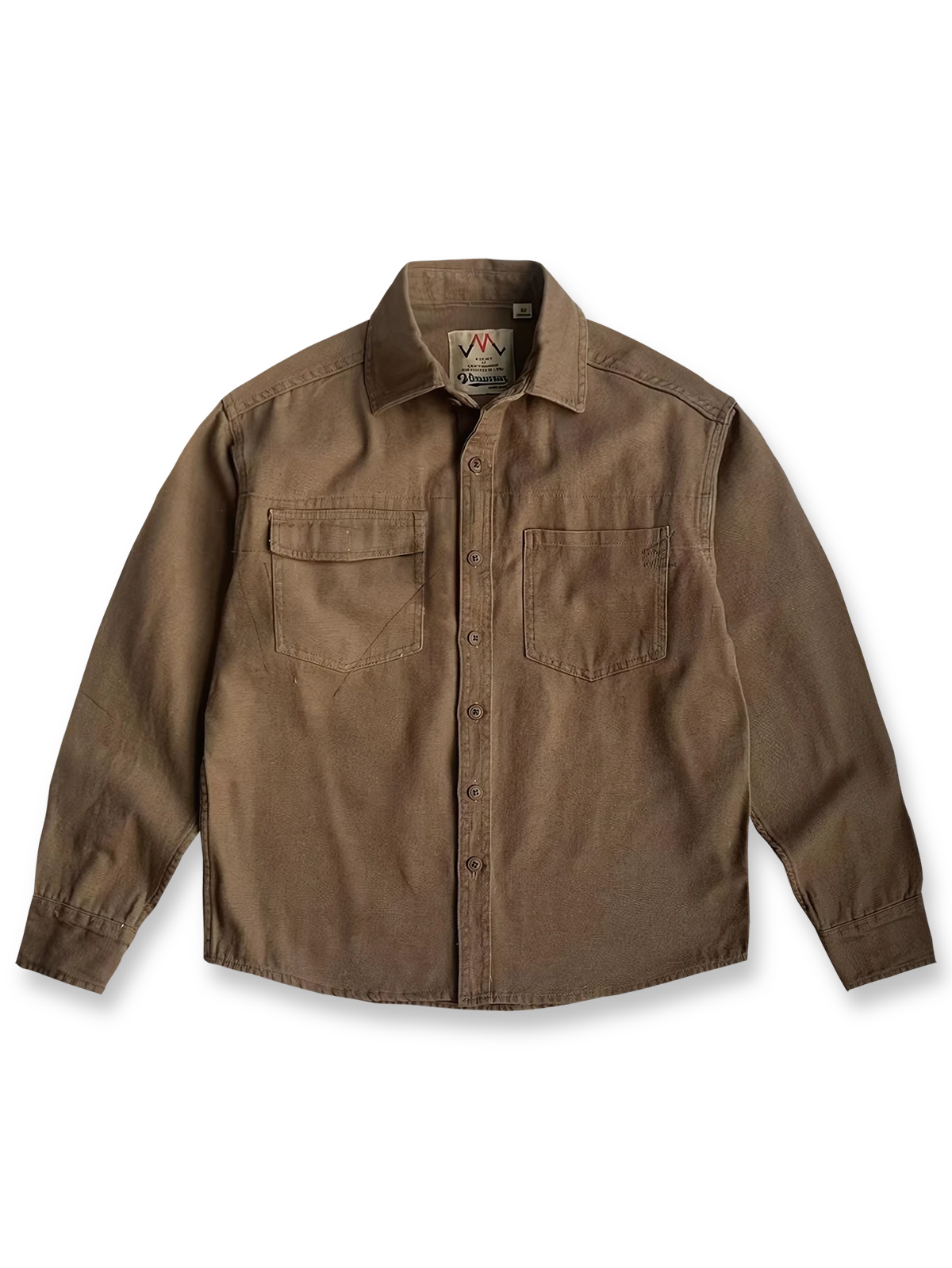 製品画像
「耐久性の高い厚手のキャンバス素材とウォッシュ加工が特徴のワークシャツ全体イメージ。クラシックなダブル胸ポケットとヴィンテージ感あふれるデザインが魅力。」

詳細画像
「左右対称のダブル胸ポケットとウォッシュ加工が施されたキャンバス生地のディテールクローズアップ。ラウンドヘムデザインで立体感を演出。」
