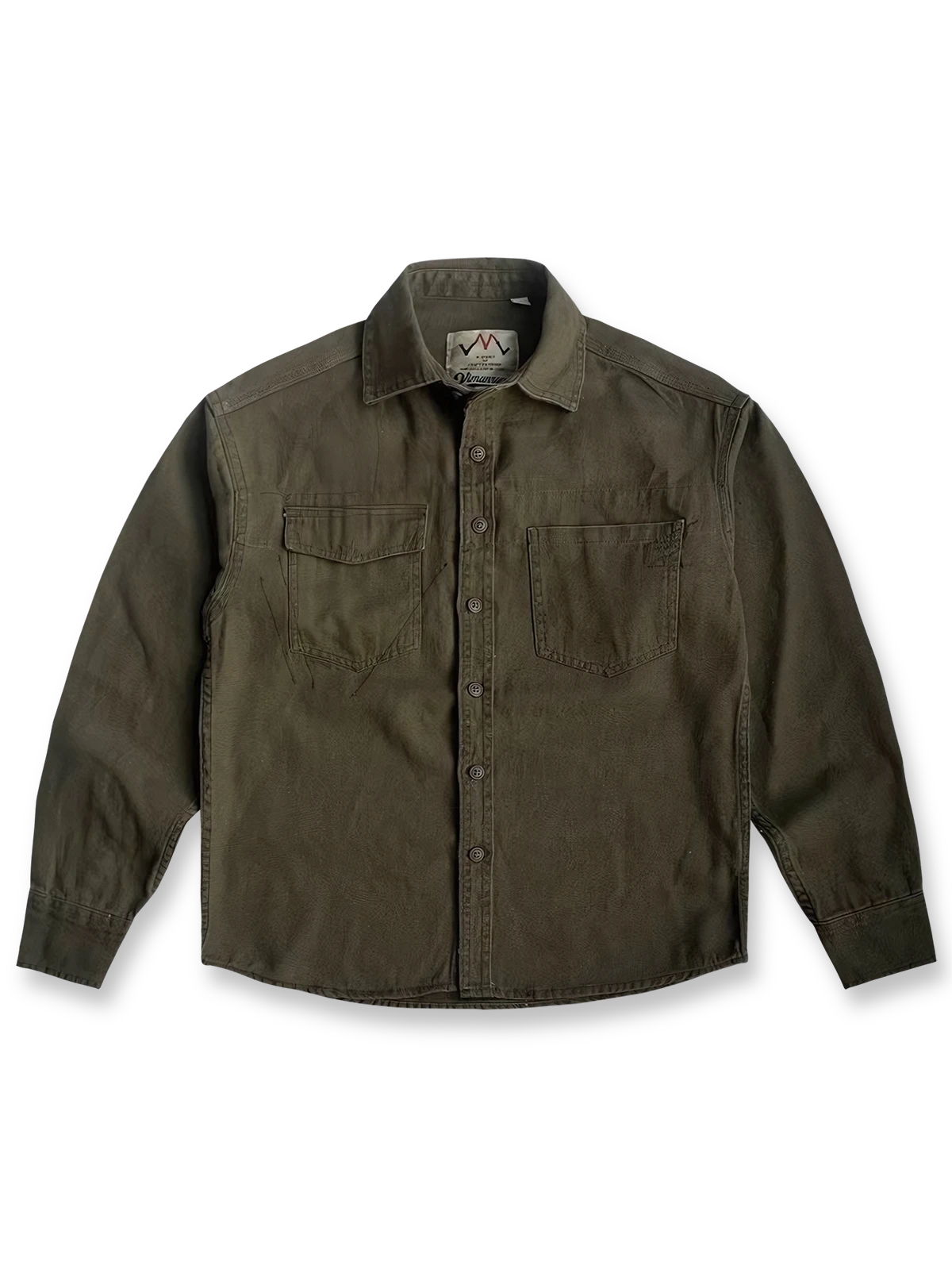 製品画像
「耐久性の高い厚手のキャンバス素材とウォッシュ加工が特徴のワークシャツ全体イメージ。クラシックなダブル胸ポケットとヴィンテージ感あふれるデザインが魅力。」

詳細画像
「左右対称のダブル胸ポケットとウォッシュ加工が施されたキャンバス生地のディテールクローズアップ。ラウンドヘムデザインで立体感を演出。」
