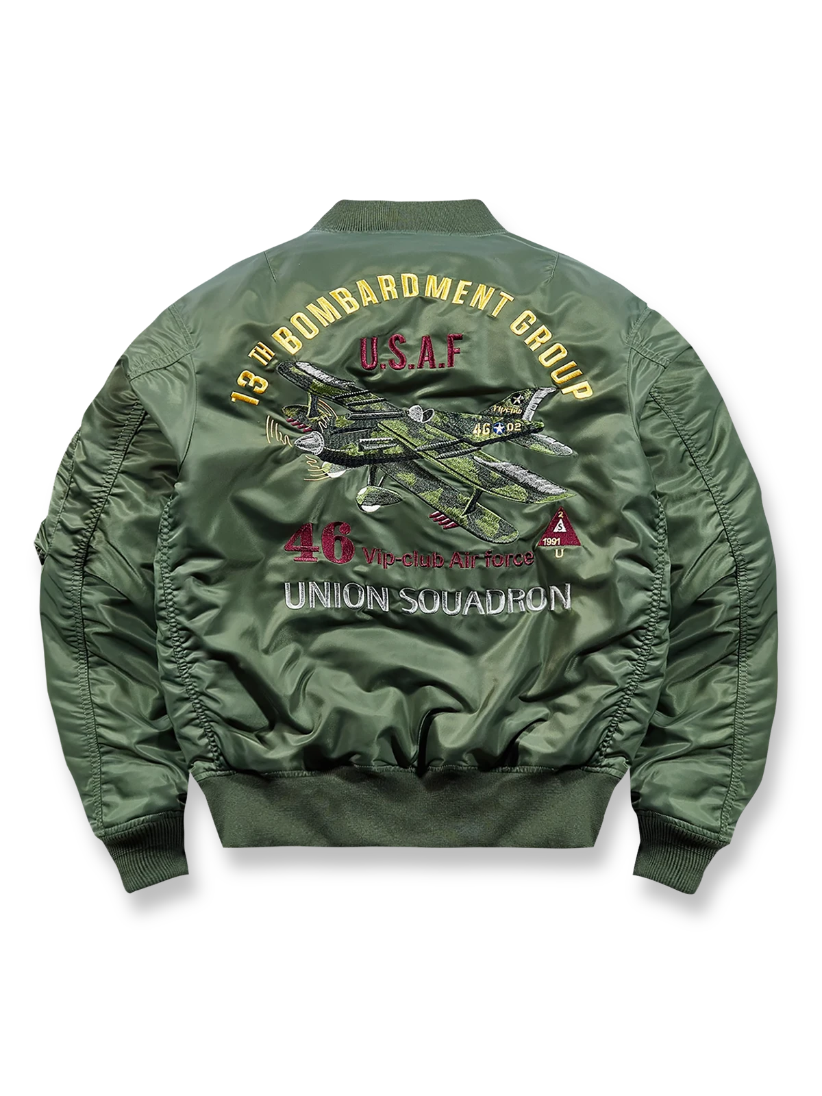 製品画像: 爆撃機部隊エンブレムがデザインされたパイロットジャケットの正面画像
詳細画像: 航空刺繍エンブレムとリブ付き襟、袖口のディテール