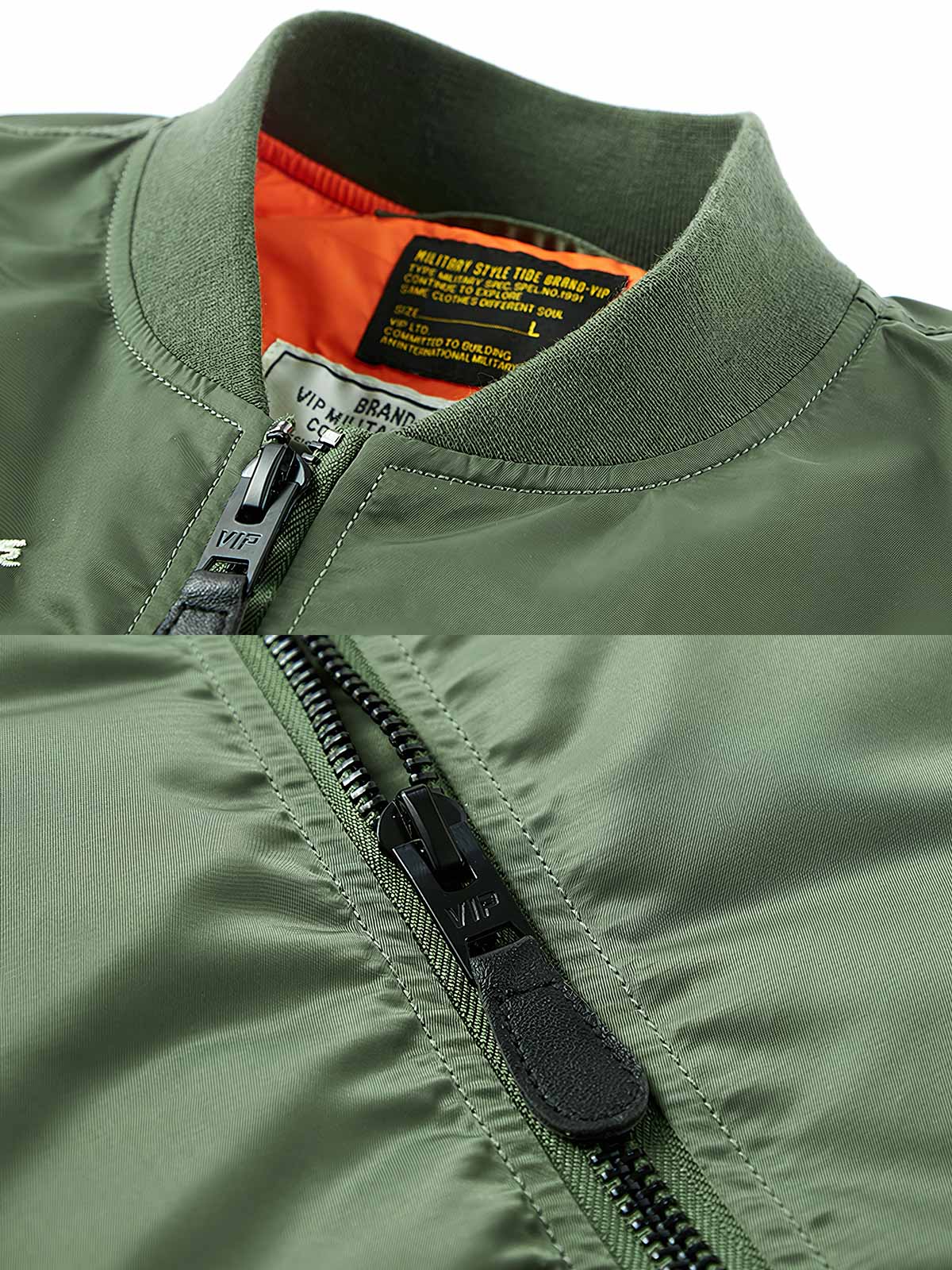 製品画像: 爆撃機部隊エンブレムがデザインされたパイロットジャケットの正面画像
詳細画像: 航空刺繍エンブレムとリブ付き襟、袖口のディテール