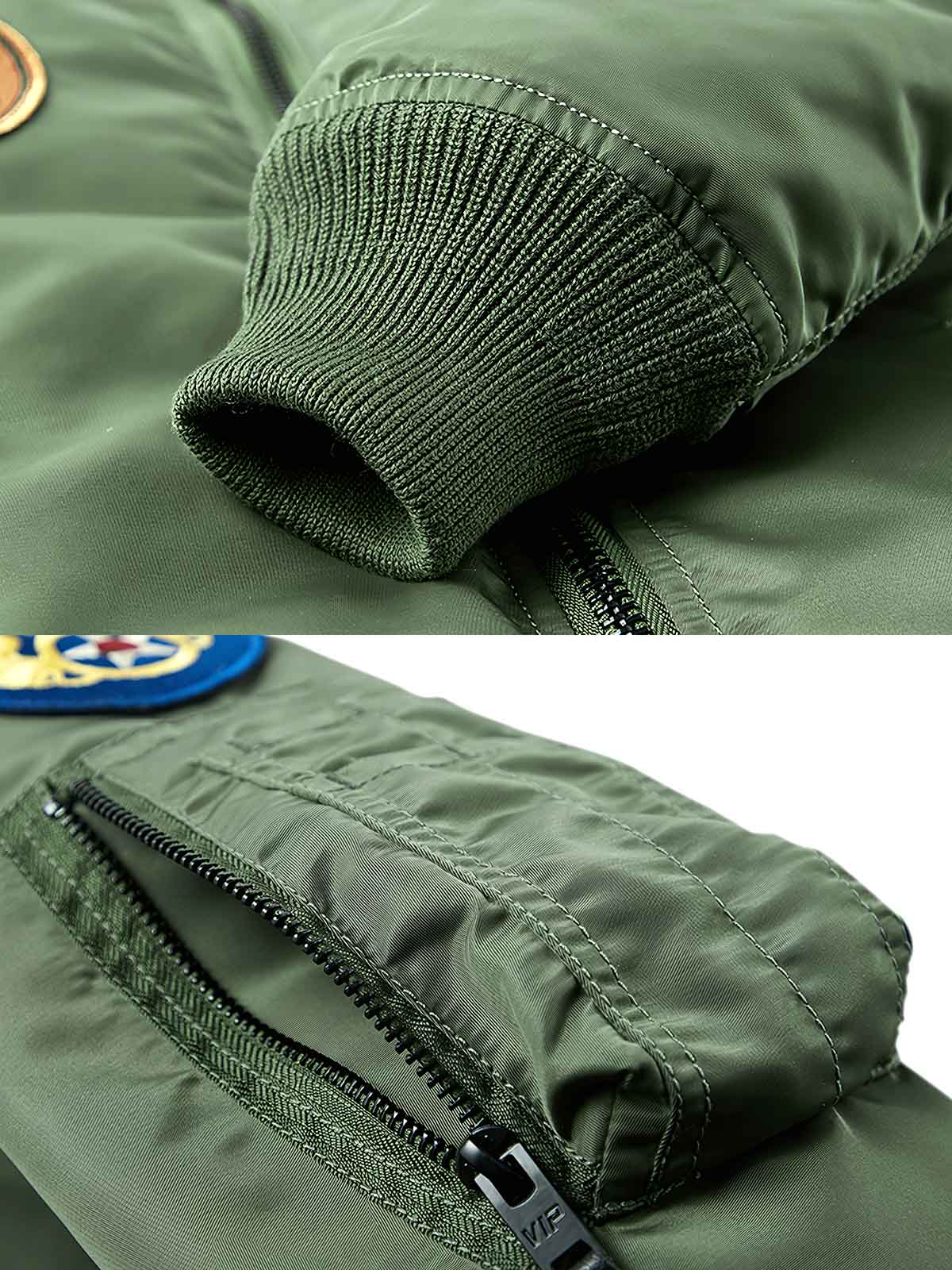 製品画像: 爆撃機部隊エンブレムがデザインされたパイロットジャケットの正面画像
詳細画像: 航空刺繍エンブレムとリブ付き襟、袖口のディテール