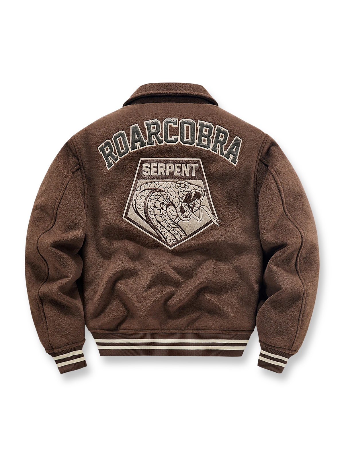 製品画像: コブラ刺繍ウール空軍ベースボールジャケットの全体画像、ヴィンテージミリタリースタイルとタオル刺繍デザインが特徴
詳細画像: 胸元の「K」タオル刺繍とコブラ刺繍のディテール、ミリタリースタイルの象徴