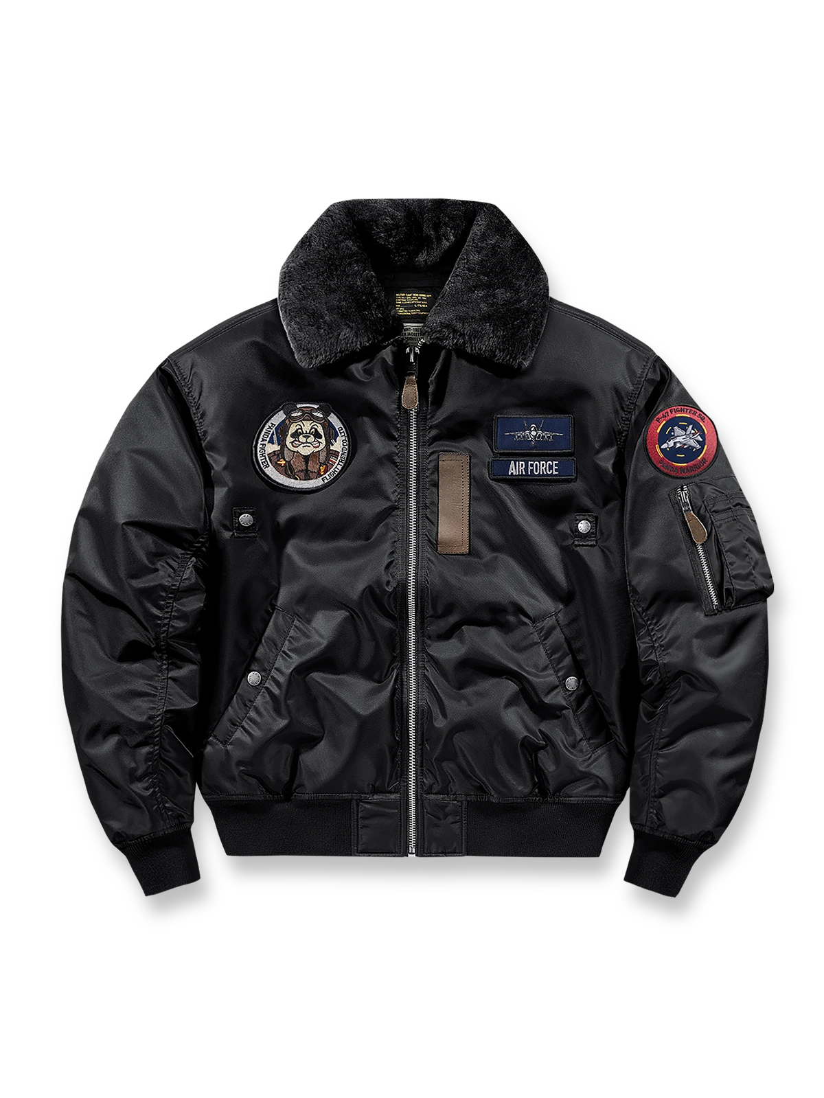 製品画像: B-15シープスキン襟付きフライトジャケットの全体画像、クラシックなアメカジミリタリースタイル
詳細画像: 取り外し可能なシープスキン襟とアームポケットのワッペンのディテール