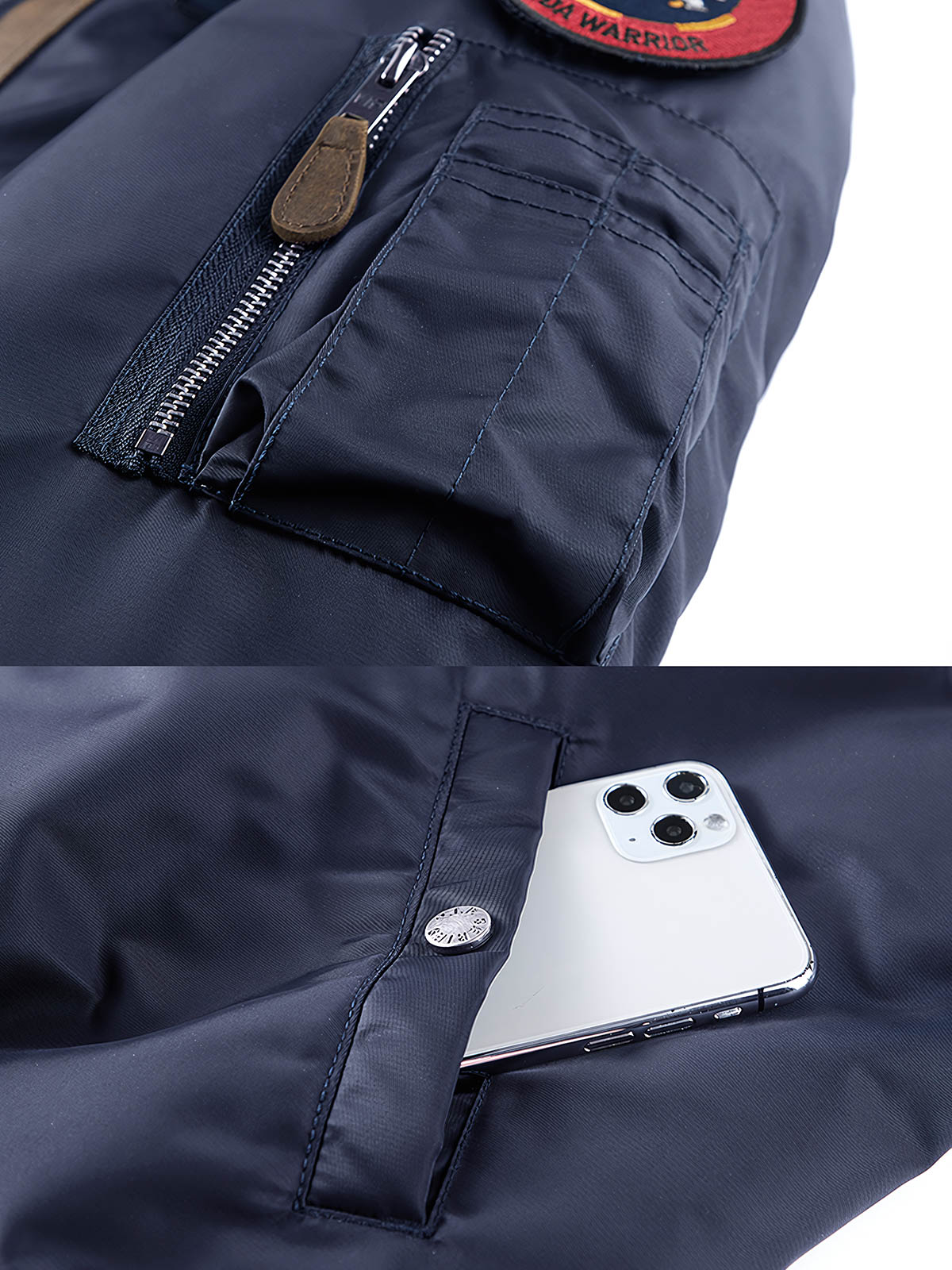 製品画像: B-15シープスキン襟付きフライトジャケットの全体画像、クラシックなアメカジミリタリースタイル
詳細画像: 取り外し可能なシープスキン襟とアームポケットのワッペンのディテール