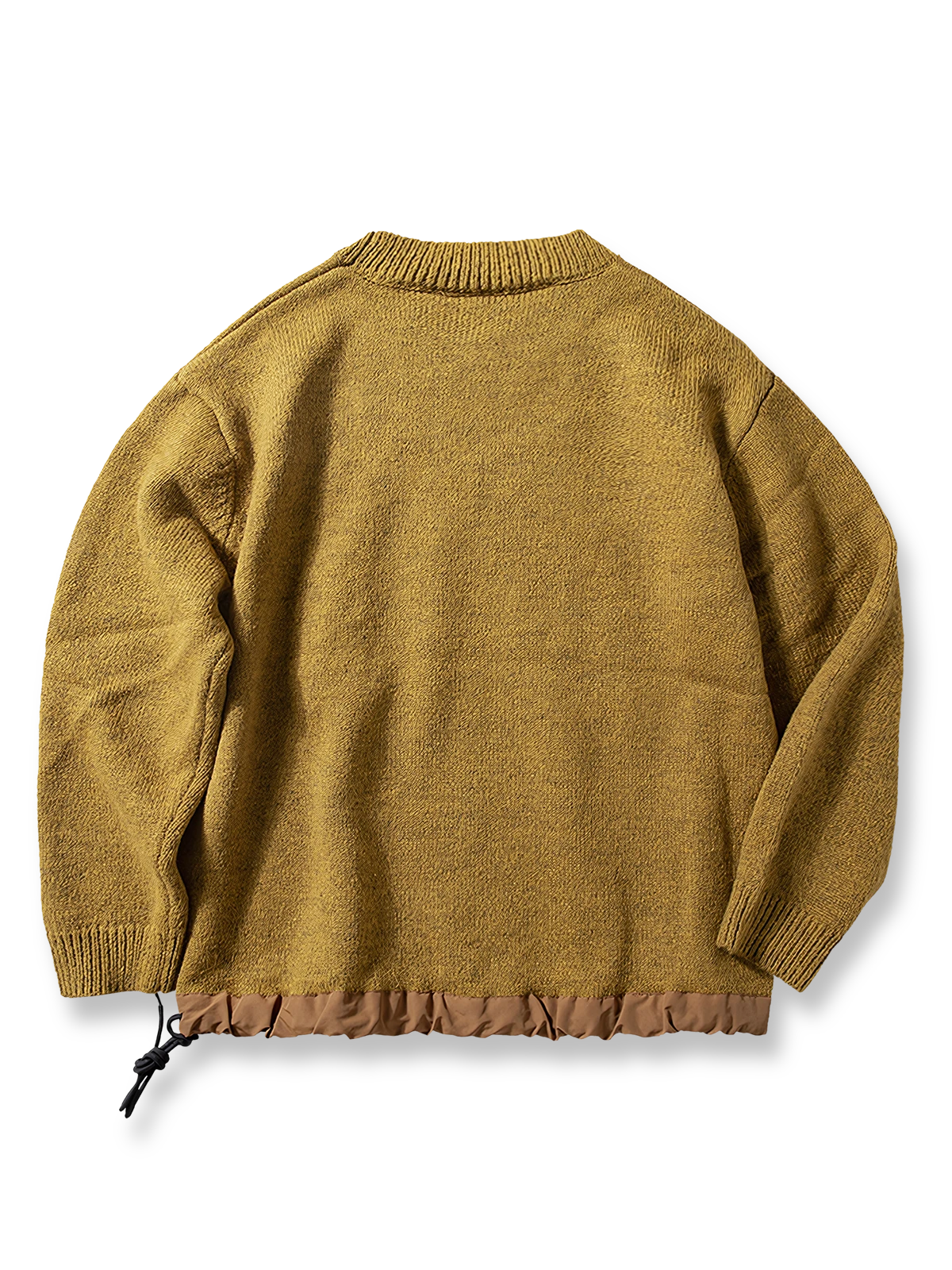 製品画像
「ウール混紡ニットセーター、バイカラー切り替えデザインと防水ナイロン裾、粗い五本針編みで重厚感を演出し、高い保温性を提供。ジッパーポケットと太めドローコードによる実用性と視覚的アクセントが特徴。」

詳細画像
「粗い五本針編みで編まれたウール混紡ニット、ジッパーポケットが胸元に配置され、防水ナイロン裾で耐久性と防水性を実現。裾の太めドローコードで調整可能なフィット感。」