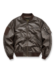 製品画像:
フライトジャケット パイロットレザーの全体画像、PUコーティング生地とミリタリー感溢れるデザインが特徴的なタフなフライトジャケット。
詳細画像:
ジャケットのジッパーと多機能ポケットのディテール特写、カスタムパイピングが施されたポケットが高級感を引き立てます。