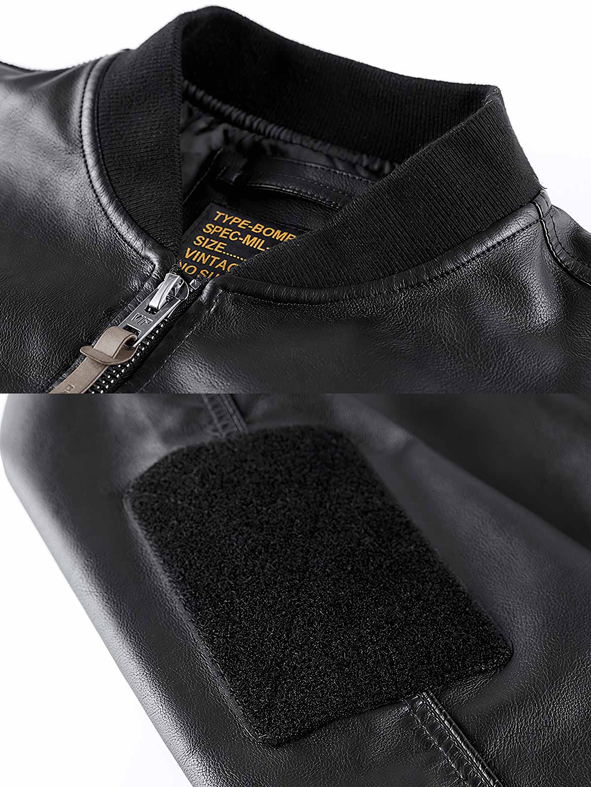 製品画像:
フライトジャケット パイロットレザーの全体画像、PUコーティング生地とミリタリー感溢れるデザインが特徴的なタフなフライトジャケット。
詳細画像:
ジャケットのジッパーと多機能ポケットのディテール特写、カスタムパイピングが施されたポケットが高級感を引き立てます。