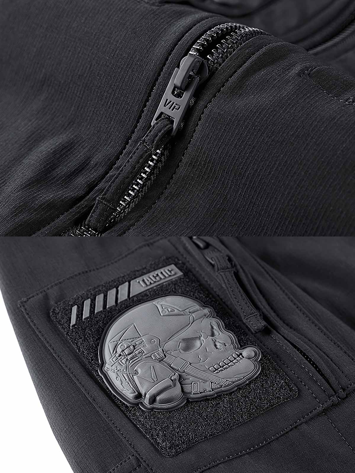 製品画像: 死神パラトルーパー タクティカルジャケットの全体画像、タクティカルスタイルと取り外し可能なワッペンが特徴
詳細画像: 取り外し可能な面ファスナー付きワッペンと死神タクティカルパッチのディテール、耐摩耗性に優れた90%ナイロン素材