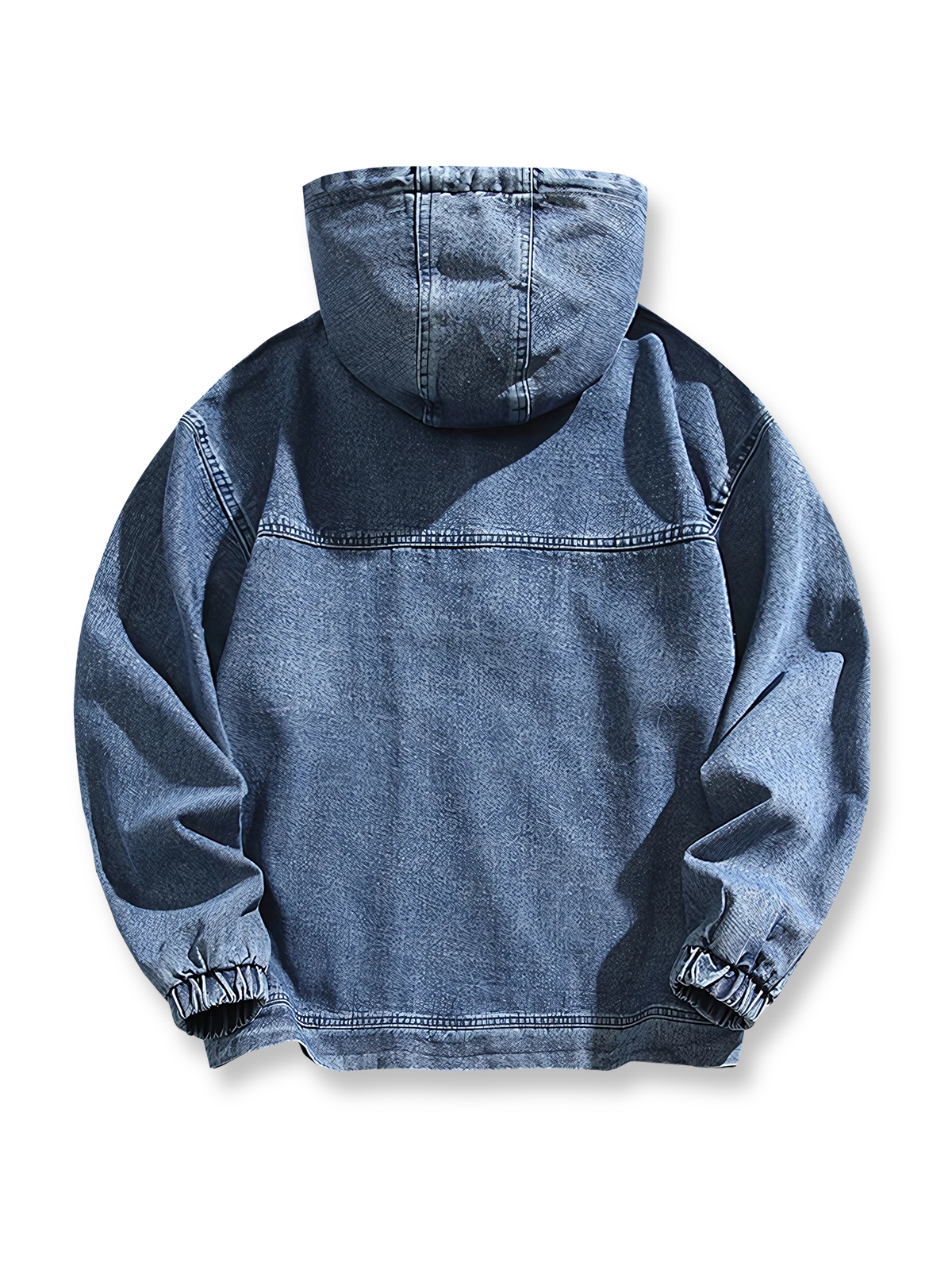 製品画像: フード付き デニムジャケット。水洗い加工で仕上げたクラシックなレトロスタイルのルーズフィットジャケットの正面全体展示図。

詳細画像: 高品質なコットンデニム素材の柔らかい肌触りと、便利なカンガルーポケットのディテールクローズアップ。