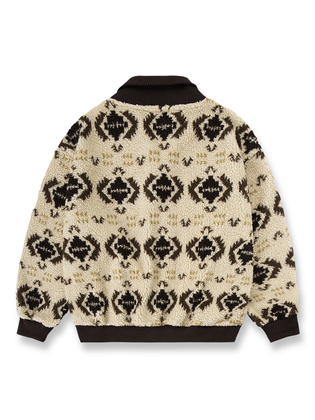 製品画像: 民族風プリントデザインのフリーススウェット。暖かく柔らかな素材が、秋冬のコーディネートにぴったり。サイドポケットが実用性を高め、レトロでアート感のある印象を与えます。

詳細画像: 民族風のプリント柄とサイドポケットのディテール。軽量で柔らかなフリース素材が、優れた保温性を提供し、リラックスした着心地を実現。