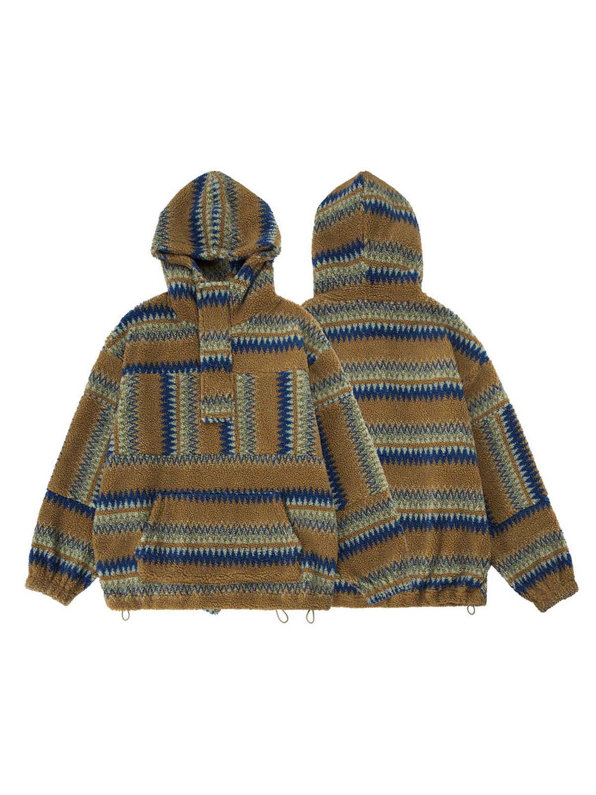 製品画像
ナバホ族の伝統的な柄とストライプデザインが特徴のラムファー裏地付きフードスウェット、100%ポリエステル素材で柔らかく快適な着心地、保温性に優れ、秋冬シーズンに最適な暖かさを提供するユニークな民族風デザイン

詳細画像
ナバホ柄とストライプのコンビネーションデザイン、内側には温かいラムファー素材が使用され、通気性があり快適な着用感を実現、ルーズフィットで動きやすさを確保、秋冬のコーディネートに最適なジャケット