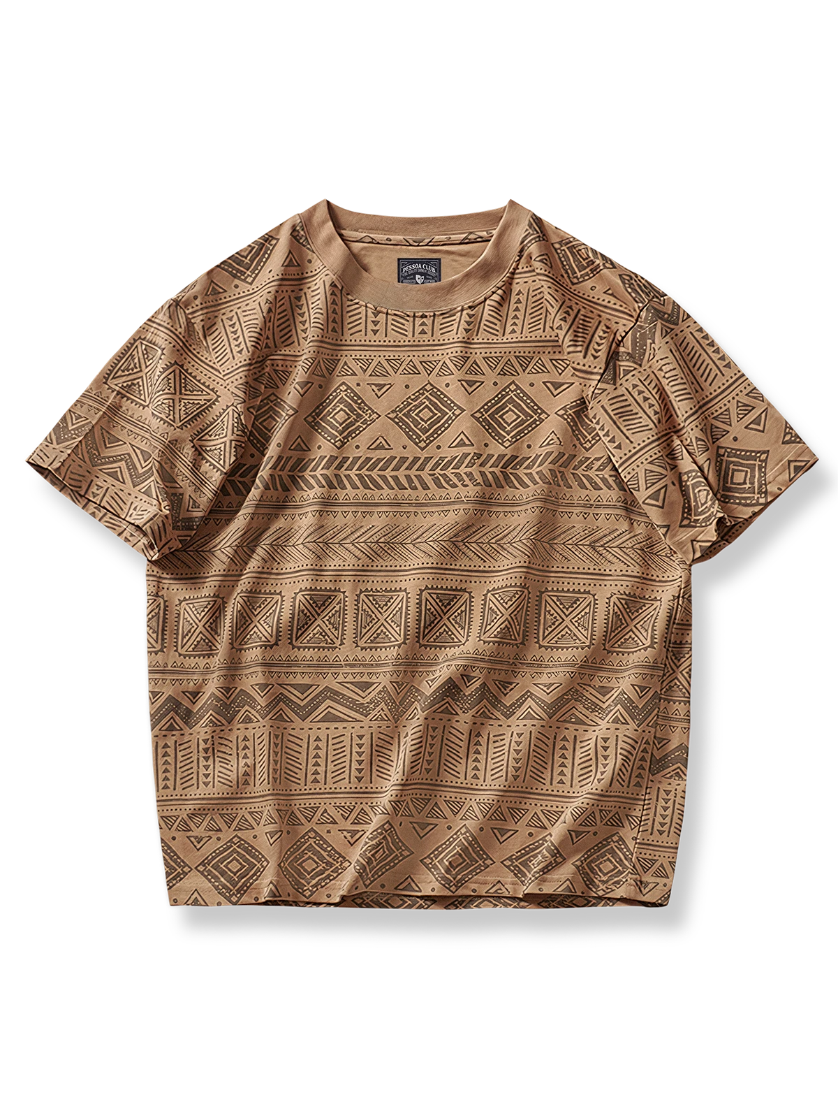 エスニック調 幾何学総柄 丸襟Tシャツ