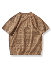 エスニック調 幾何学総柄 丸襟Tシャツ