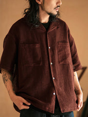 メッシュ模様 リネンコットン 半袖シャツ