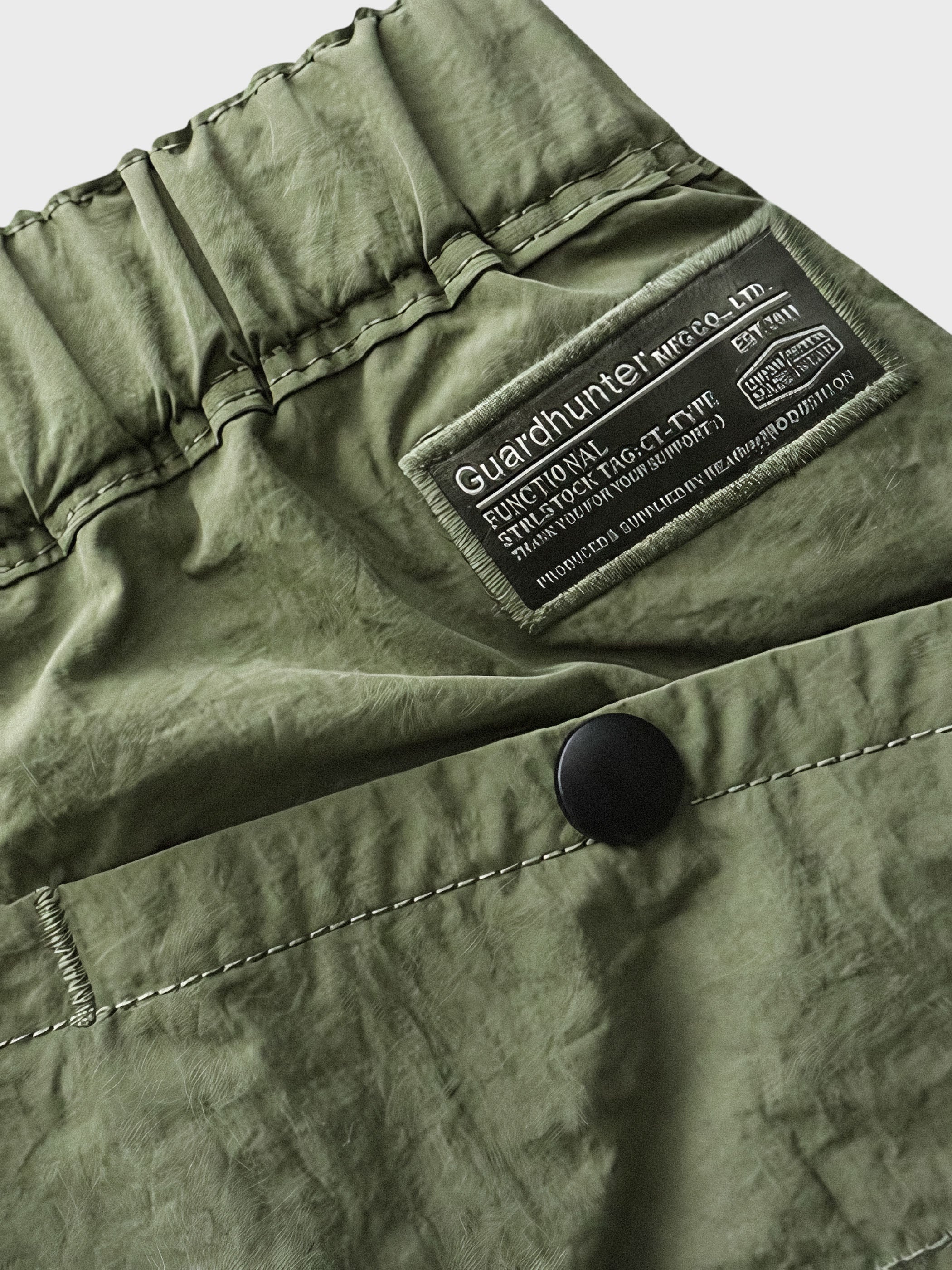 ショーツのゴム入りウエストベルトとバックルベルトの詳細。さまざまなポケットが配置され、機能性と実用性を追求したデザインが確認できます。