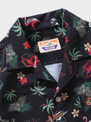 ヤシの木・フラミンゴ・花火柄　アロハシャツ