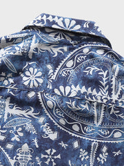 ブルー 民族調柄 アロハシャツ