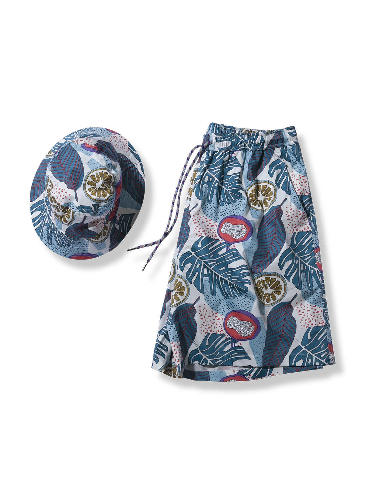 熱帯植物柄 アロハショートパンツ + 同じ柄の帽子
