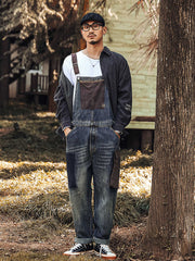 ダメージ加工 配色ポケット オーバーオール