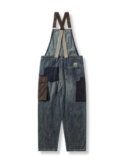 ダメージ加工 配色ポケット オーバーオール