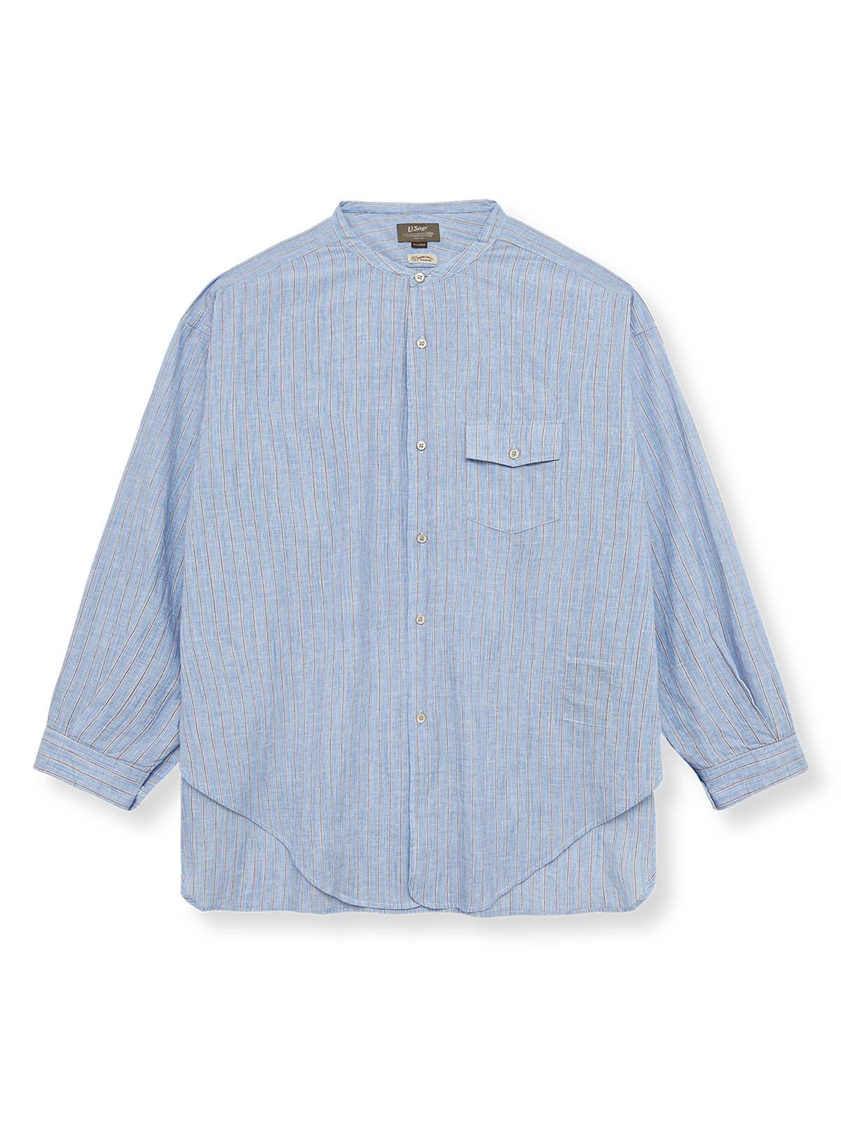 綿麻 ストライプ スタンドカラー シャツ