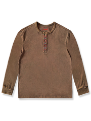 エスニック 幾何学刺繡 ウォッシュ加工 ヘンリーネック 長袖Tシャツ