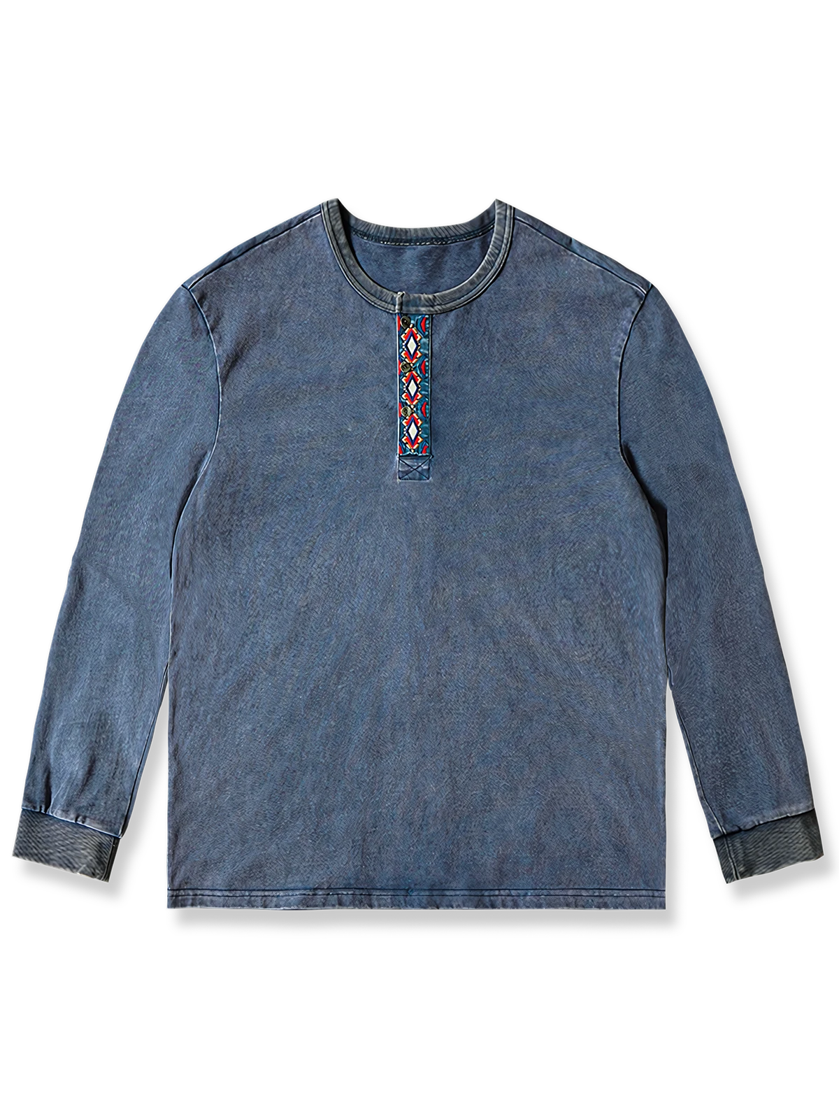 エスニック 幾何学刺繡 ウォッシュ加工 ヘンリーネック 長袖Tシャツ