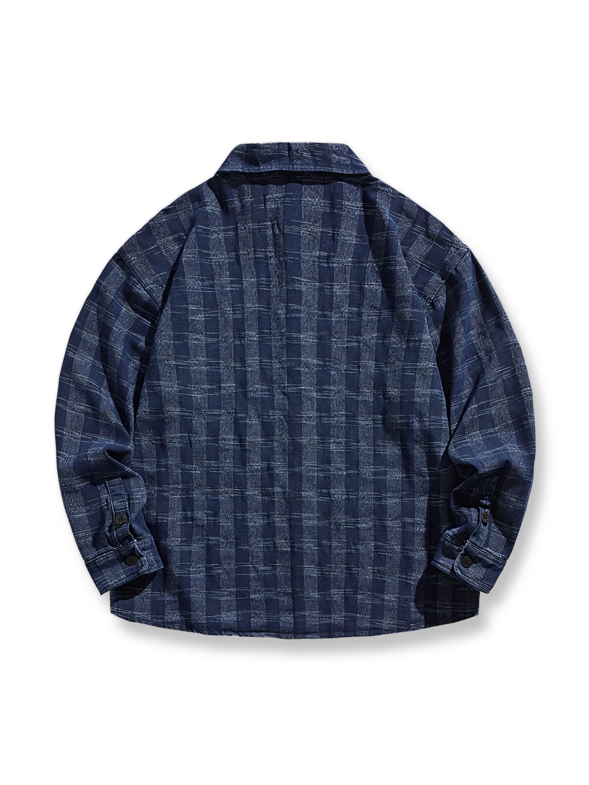 製品画像: "ヴィンテージウォッシュチェックデニムシャツの正面ビュー、レトロなブルーチェックデザイン"
詳細画像: "ウォッシュブルーチェックのディテール特写、柔らかい質感のデニム"