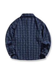 製品画像: "ヴィンテージウォッシュチェックデニムシャツの正面ビュー、レトロなブルーチェックデザイン"
詳細画像: "ウォッシュブルーチェックのディテール特写、柔らかい質感のデニム"