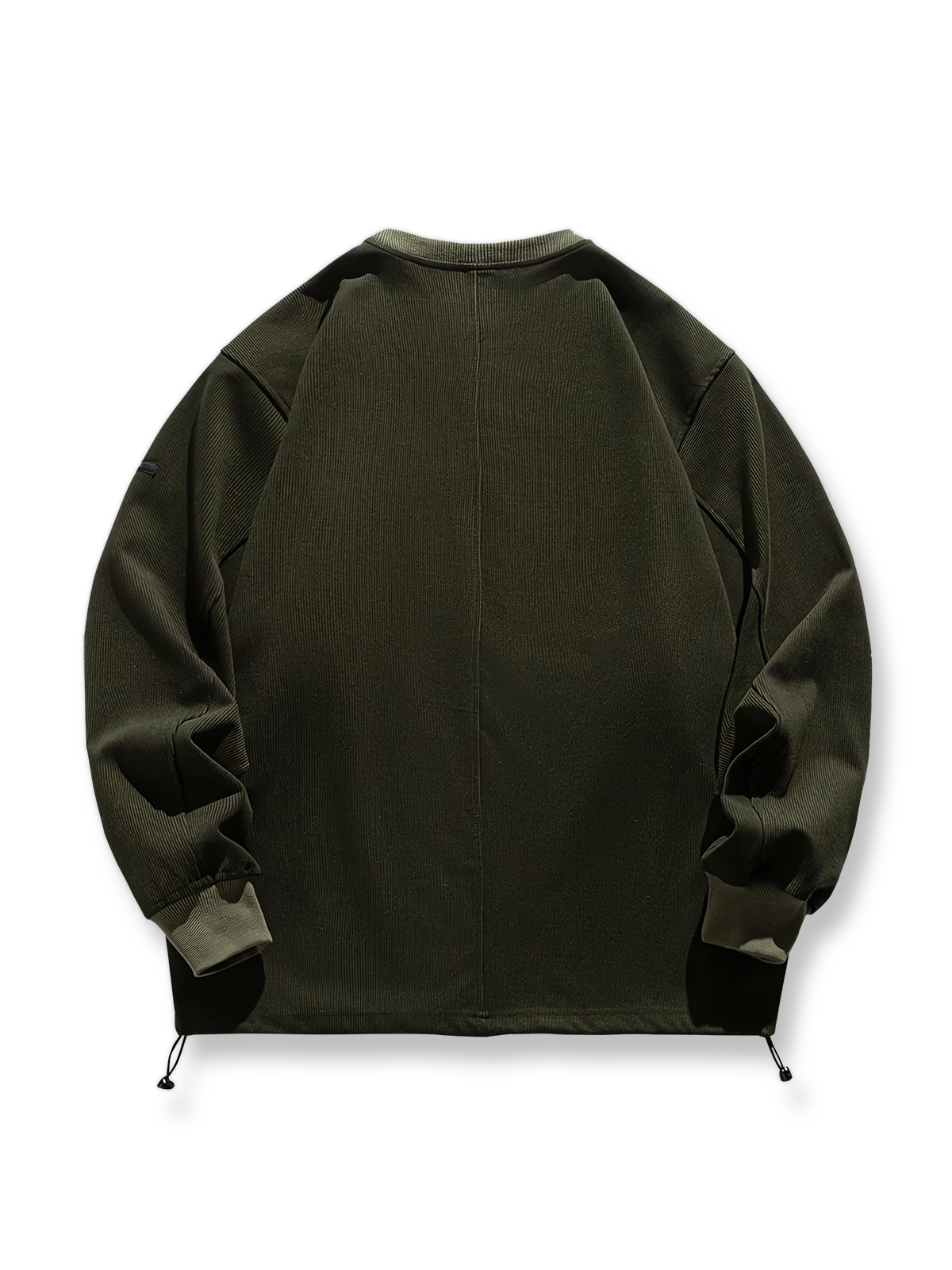 製品画像: "ストライプのルーズバイカラスウェットシャツの正面ビュー、カジュアルでストリート風のトップス"
詳細画像: "袖口と裾のバイカラーデザインの詳細、ストライプルーズプルオーバースウェット"