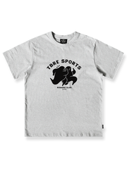 ライトグレーのゆったりとしたランニングマンプリントクルーネック半袖Tシャツ正面図