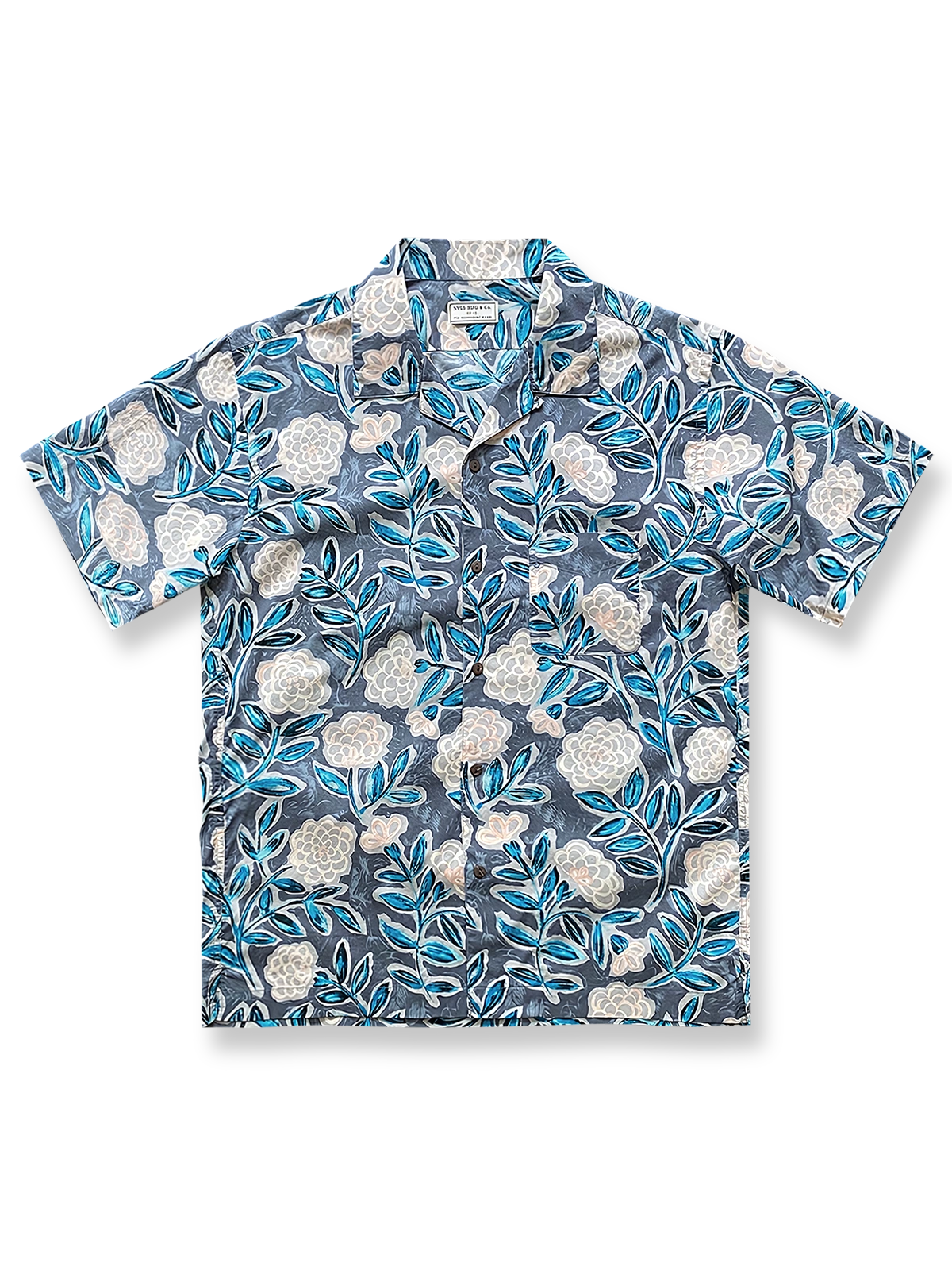 ブルーグレー植物柄キューバカラーアロハシャツの全体像