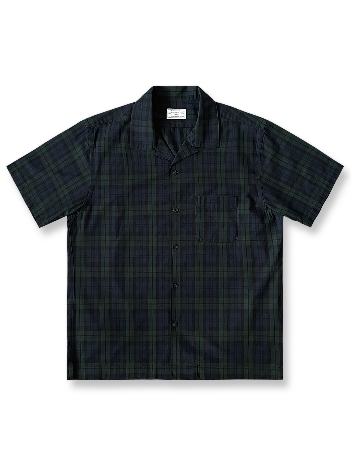 ダークグリーン＆ネイビーチェック キューバカラー半袖シャツ全体像