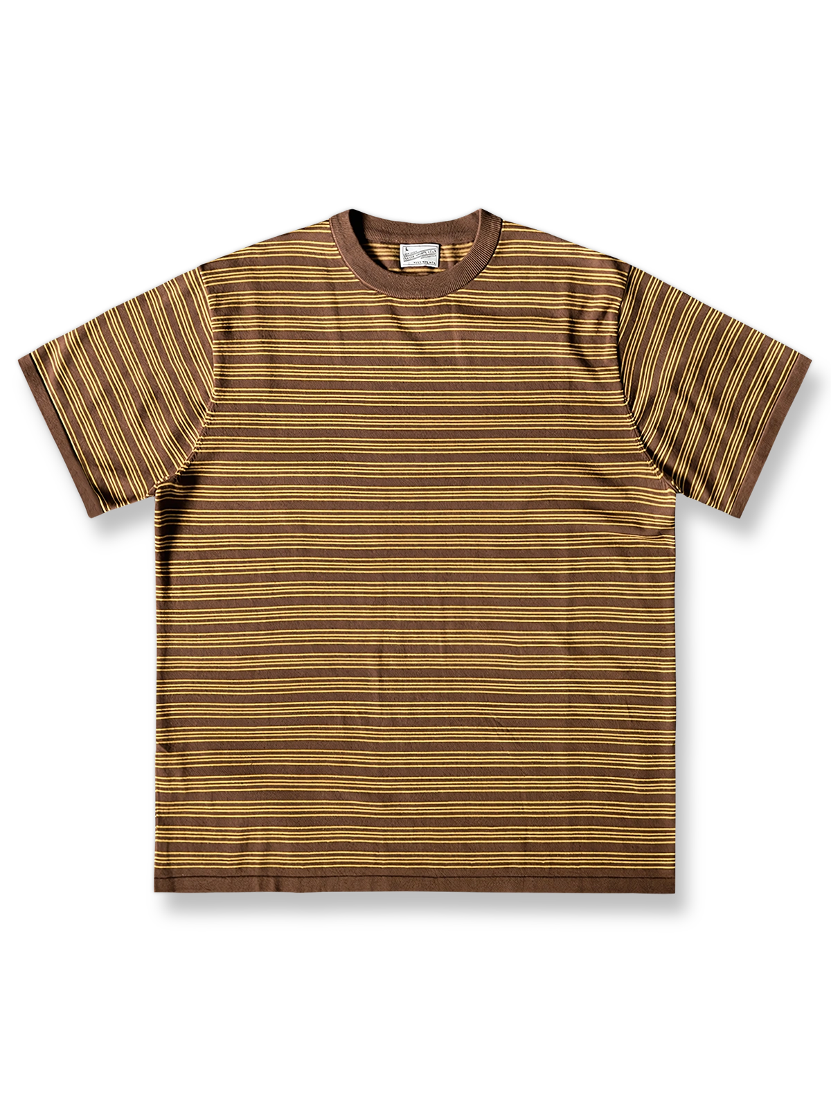 ブラウン＆アプリコットストライプのルーズフィットクルーネック半袖Tシャツ全体