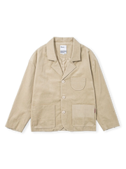 ベージュ＆ブラウンのコーデュロイジャケット、胸元と腰にポケット付き