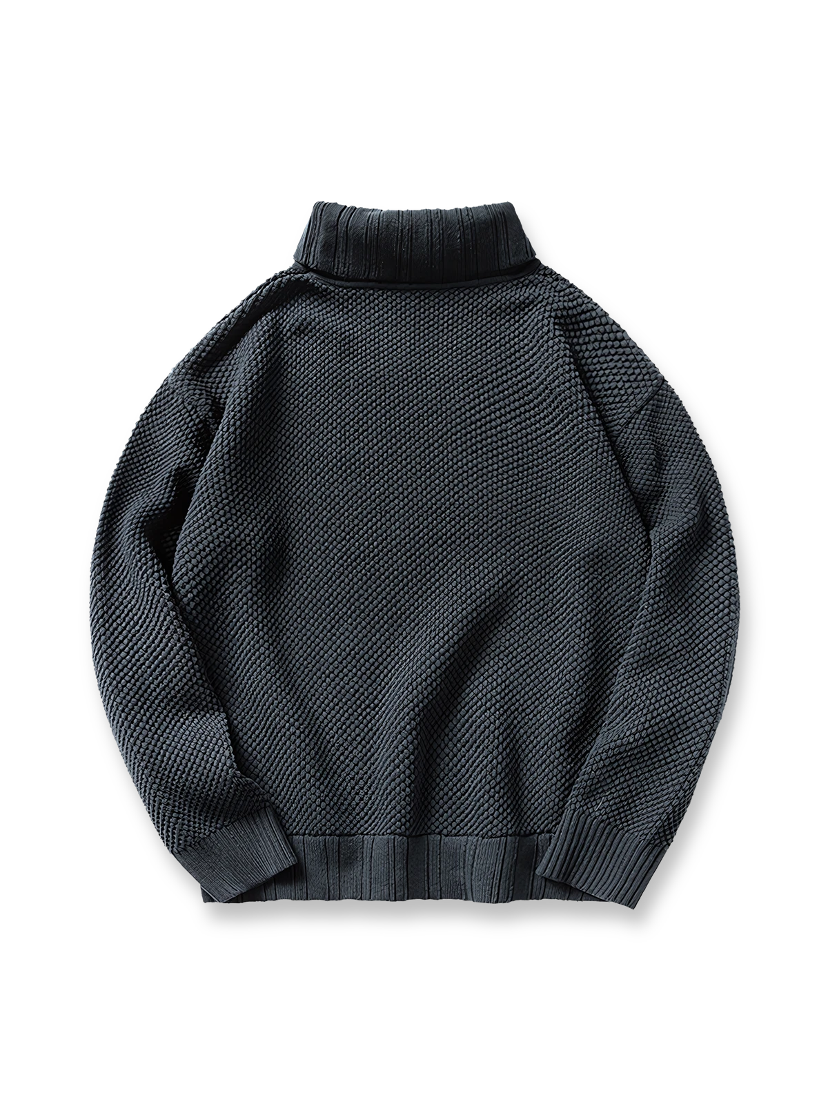 製品画像：
4色のカラーバリエーションが揃ったタートルネックセーター。柔らかな混紡素材で、コットンの透湿性とアクリルの耐久性を兼ね備え、秋冬にぴったりなアイテム。エレガントでシンプルなデザインが特徴。

詳細画像：
柔らかな手触りの混紡素材、タートルネックデザインが首元を暖かく保ち、秋冬シーズンに最適。精巧な編み込み技術とゆったりしたカットが、さまざまな体型にフィット。