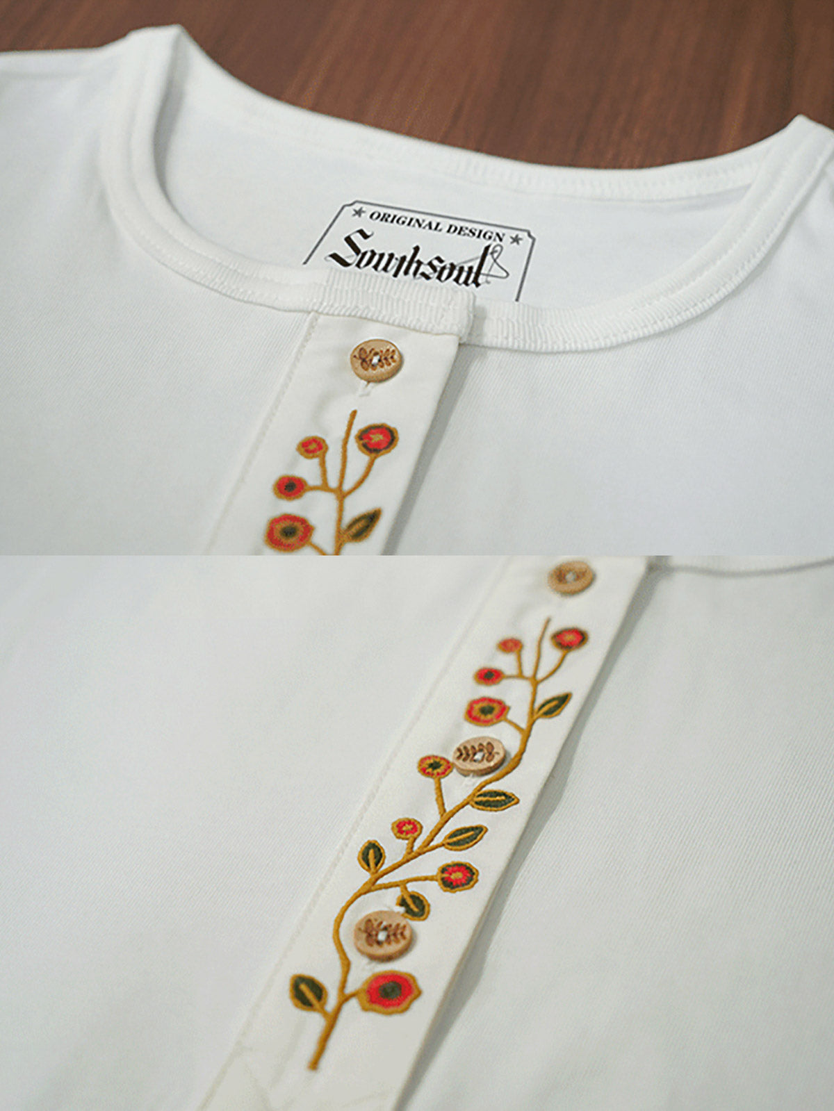 製品画像
クラシックな刺繍入りデザインの改良型ヴィンテージヘンリーネック 長袖Tシャツの正面全体画像。高品質なアメリカ産ピマコットン素材を使用した一着。

詳細画像
刺繍入りの近似色前立てとダブルステッチ仕上げ、リブ仕様の袖口ディテールをクローズアップした画像。美しい縫製と耐久性が特徴。