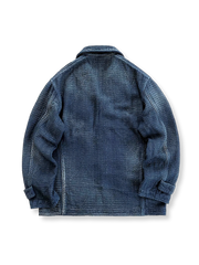 製品画像: Indigo 藍染め 刺子織り ブレザー全体写真。藍染め技法と刺子織りの繊細なテクスチャが特徴のヴィンテージブレザー。
詳細画像: 刺子織り生地の立体感と藍染めの深みある色合いを強調したディテール写真。独自の風合いが魅力。