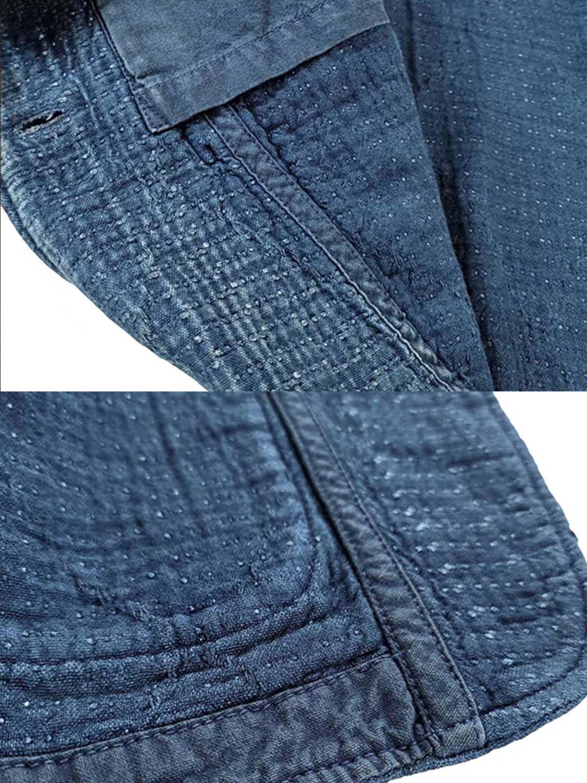 製品画像: Indigo 藍染め 刺子織り ブレザー全体写真。藍染め技法と刺子織りの繊細なテクスチャが特徴のヴィンテージブレザー。
詳細画像: 刺子織り生地の立体感と藍染めの深みある色合いを強調したディテール写真。独自の風合いが魅力。