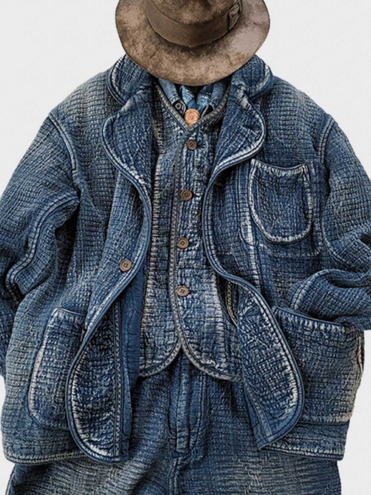 製品画像: Indigo 藍染め 刺子織り カジュアルブレザー全体写真。天然植物藍染めと刺子織りの伝統工芸が際立つヴィンテージスタイルのブレザー。
詳細画像: 刺子織りのピースワークデザインと天然本牛角ボタンの高品質ディテールを強調した写真。深みのある藍色が特徴。