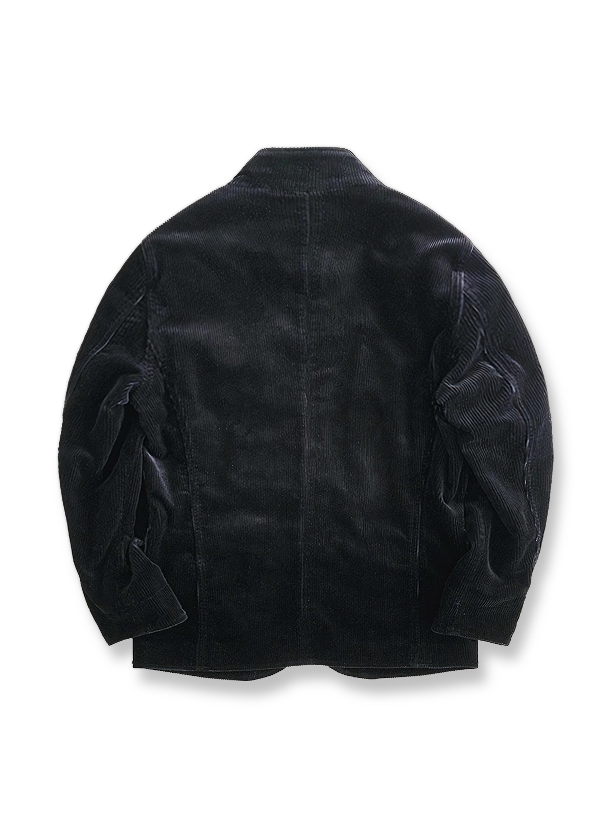 製品画像：ブラックの厚手コーデュロイスタンドカラージャケットの正面
詳細画像：天然牛角ボタンとスタンドカラーの質感ディテール