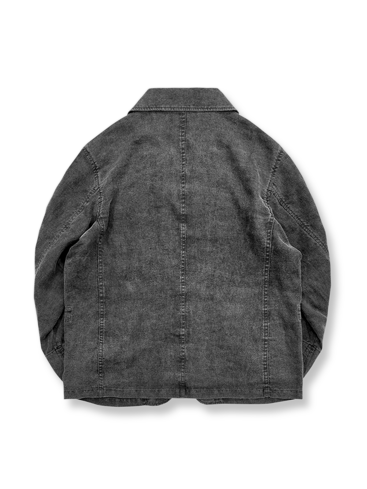 製品画像：バティック染めヴィンテージリネンジャケットの正面画像
詳細画像：袖口に施されたヴィンテージ風ボタンと色落ち加工のディテール